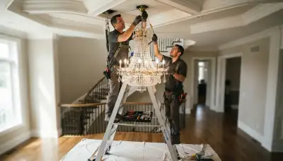 Electrician installing a chandelier in a Boston, MA home