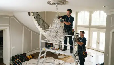 Chandelier installation by a licensed electrician in a Boston, MA home