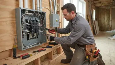 Electrician installing a new electrical panel in a Boston, MA home