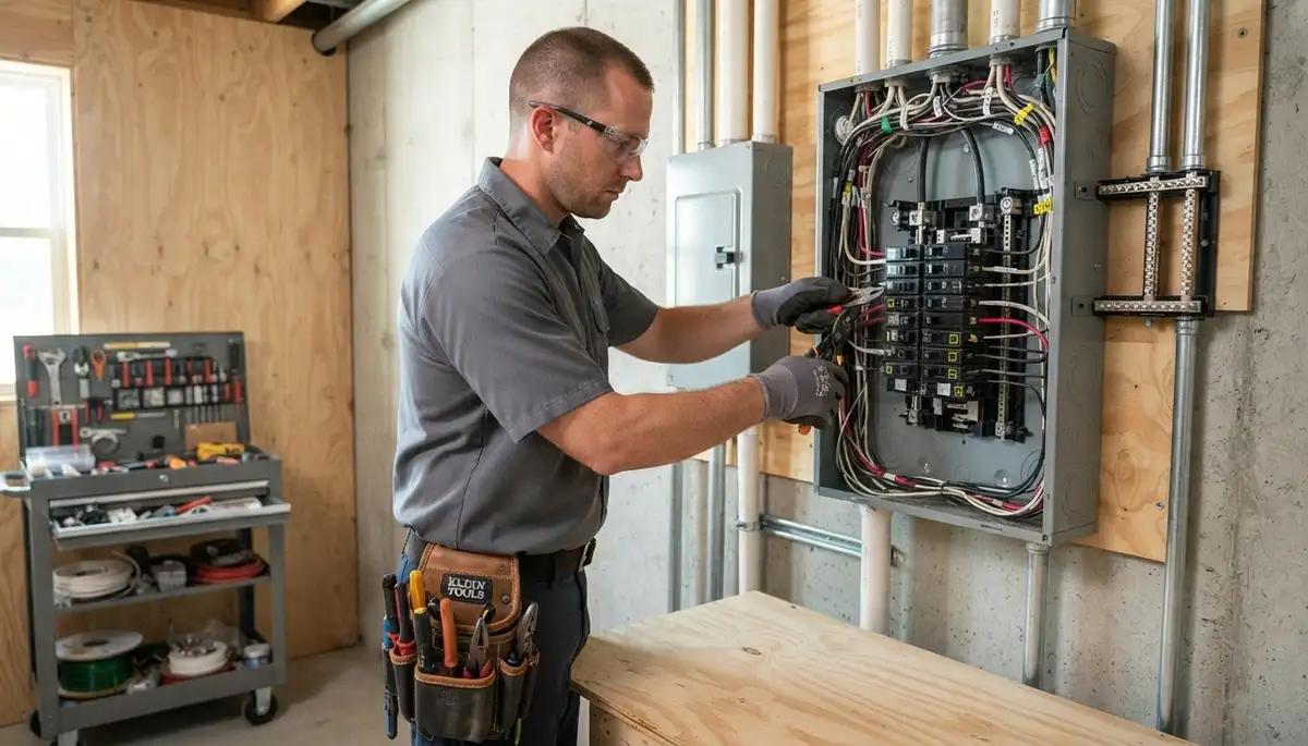 Electrician installing an electrical panel in a Boston, MA home