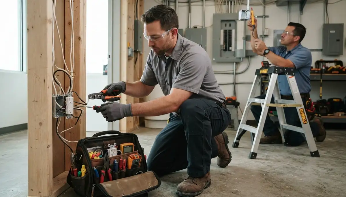 Electrician installing a GFCI outlet in a Boston, MA home