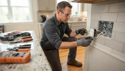 Electrician installing GFCI circuits in a Boston, MA home