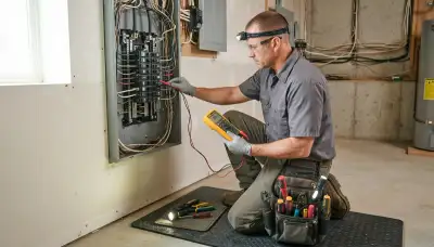 Electrician performing a home electrical inspection in Boston, MA、】【