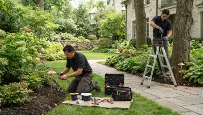Boston, MA electrician installing residential landscape lighting for an outdoor space