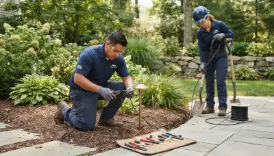 Boston, MA electrician installing energy-efficient landscape lighting for a residential property