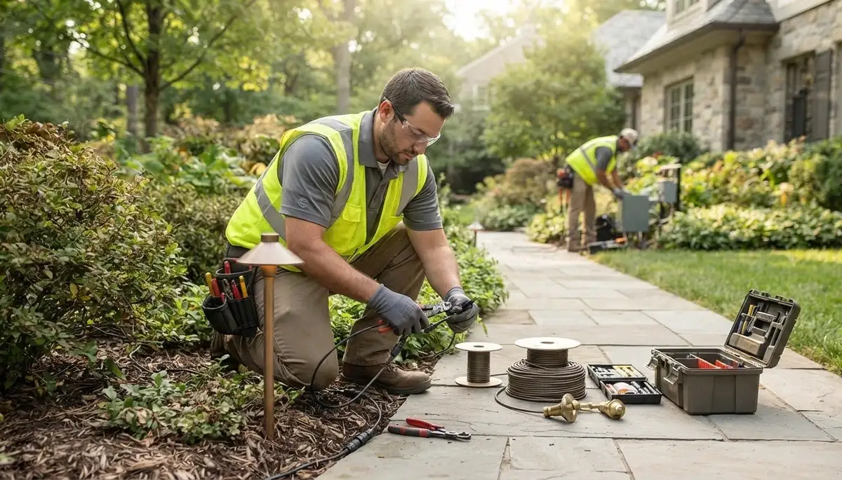 Landscape lighting installation by an electrician in Boston, MA