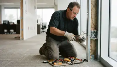 Electrician repairing a wall outlet in a Boston, MA home