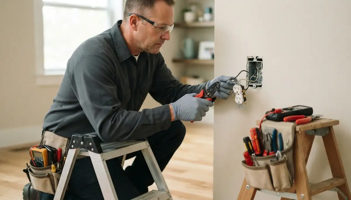 Boston electrician repairing a faulty wall outlet in a residential home