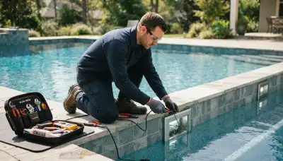 Boston, MA electrician inspecting pool light wiring for outdoor electrical service