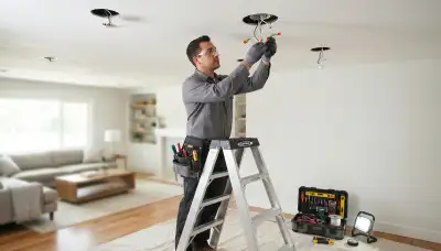 Recessed lighting installation by an electrician in a Boston, MA home