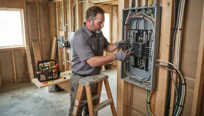 Residential electrician inspecting home wiring and electrical panel in Boston, MA