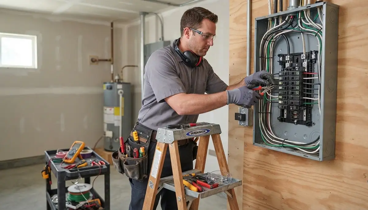 Residential electrician in Boston, MA inspecting home electrical wiring and panels during a service visit