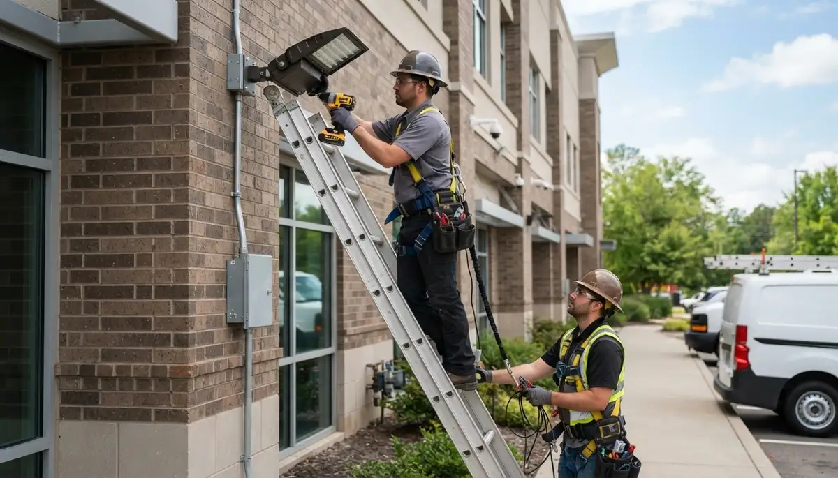 Electrician installing security lights at a Boston, MA home for On Call Electrical