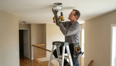 Electrician installing a smoke detector in a Boston, MA home for professional safety compliance