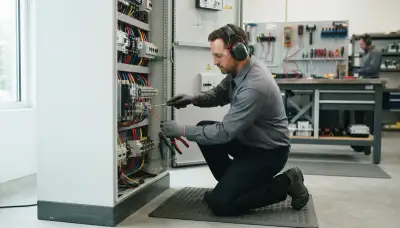 Electrician repairing a wall switch in a Boston, MA home