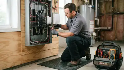 Electrician installing whole-home surge protection for a Boston, MA home